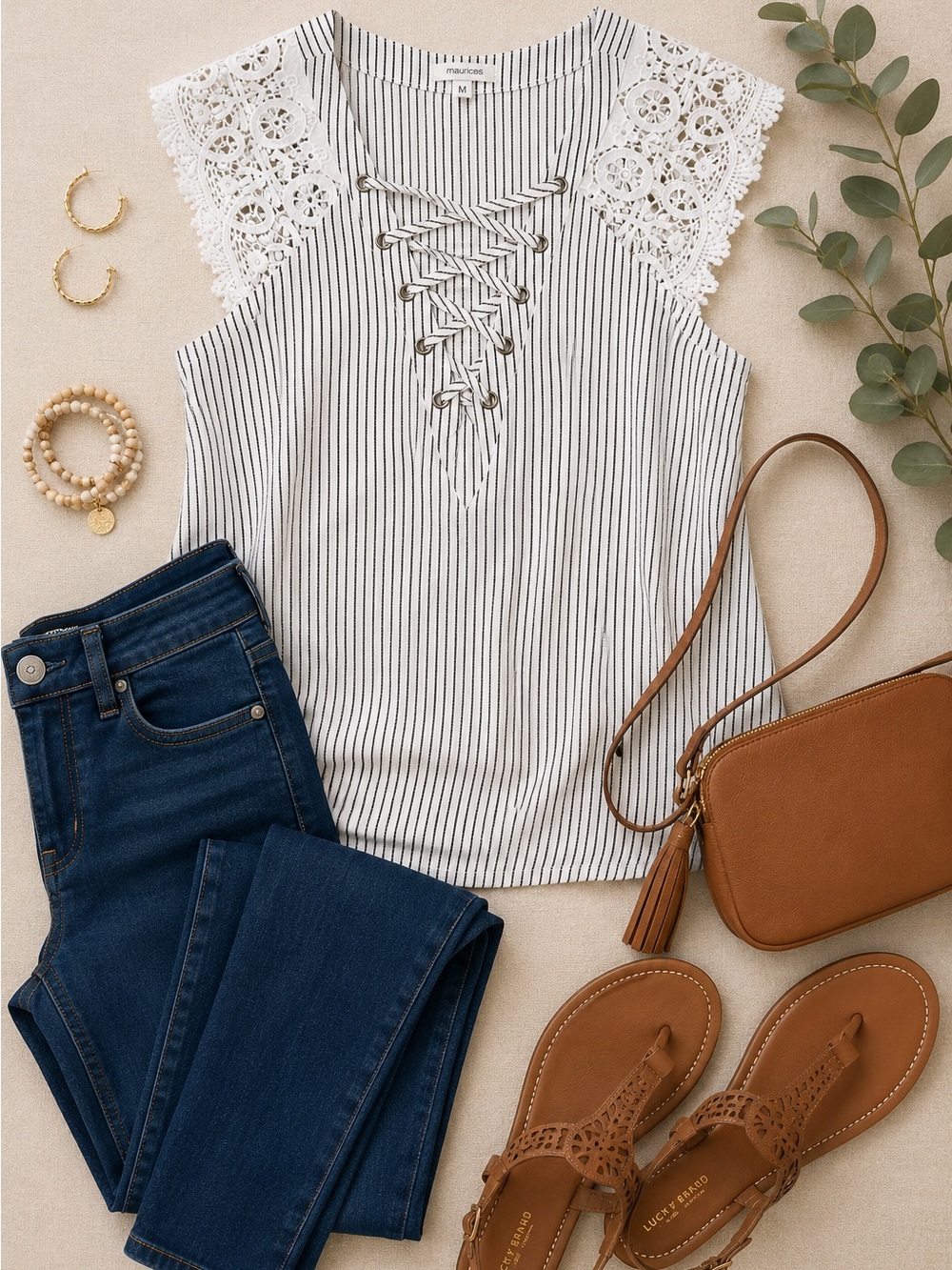 Maurices White & Black Pinstripe Lace-Up Crochet Sleeve Top